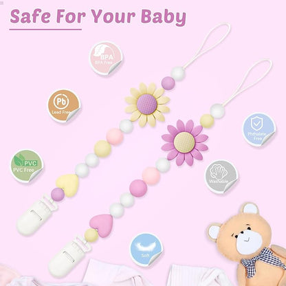 2 Pack Silicone Pacifier Clip for Boys and Girls, Features One-Piece Design Pacifier Strap with Clip
