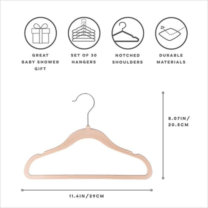 3 Sprouts Velvet Baby Hangers - Non-Slip Hanger for Infant, Toddler, Baby Clothes - Closet Kids Hangers with Slim Design, Nordic Colors, Pack of 30 - Hazelnut