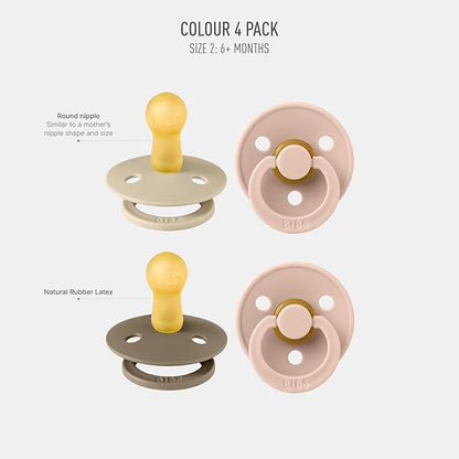BIBS Pacifiers - Colour 4 Pack | Round Nipple Baby Pacifier 6-18 Months