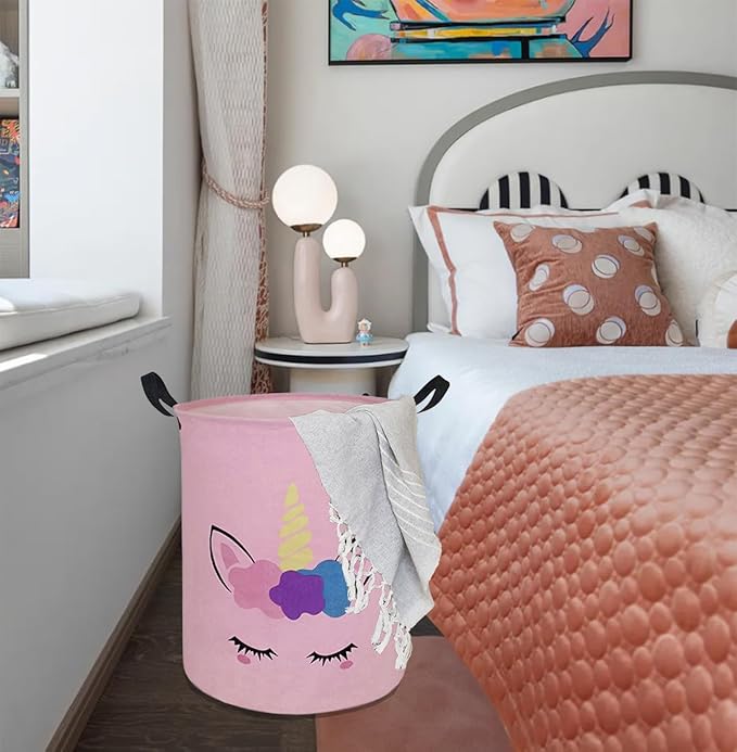 Round Pink Color Unicorn Pattern Laundry Hamper Storage Basket Organizer