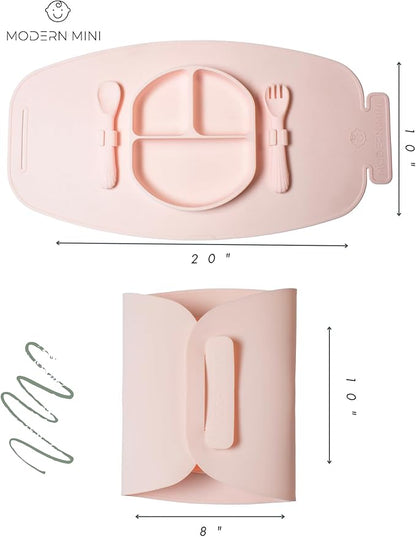 Modern Mini - Silicone Suction Plate, Baby Toddler, Divided Plate with Fork & Spoon - Unbreakable, Non-Toxic, Food Grade Silicone, Strong Suction Grip, Spill Proof, & Foldable for Travel!