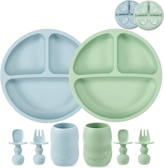 PandaEar Silicone Baby Feeding Set| 2 Pack Silicone Divided Suction Plate and 2 Pack Tiny Cup with 2 Spoons 2 Forks| Baby Led Weaning Supplies Self Feeding Eating Utensils (Blue/Green)