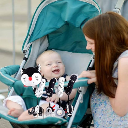 Car Seat Toys for Infants 0-6 Months, High Contrast Baby Toys Black and White Hanging Crib & Stroller Toy 3-6 Newborn Developmental Toy 0-3-6-12 Months with Music Rattles