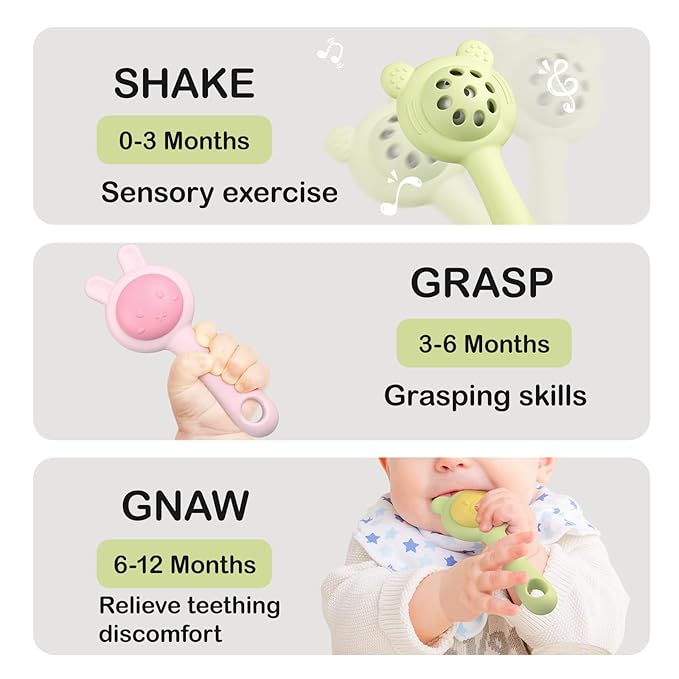 Textured Silicone Teething Toys for Baby, 2 in 1 Rattle and Teether Toy 0+ Months