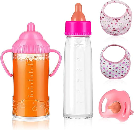 5 Pcs Baby Doll Accessories Doll Feeding Set | Disappearing Magic Milk & Juice Bottles, Pacifier 2 Bibs