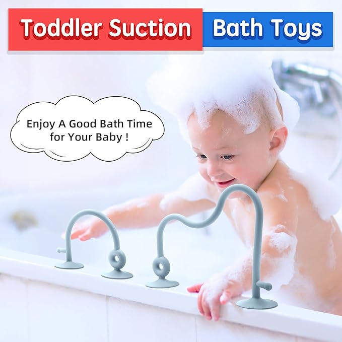 Baby Sensory Teething Chew High Chair Suction Toys for Infant Toddlers 6 12 18 24 Months, Food Grade Silicone Teether with Oak Loop Montessori Educational Parent-Child Baby Bath Toy (Blue)