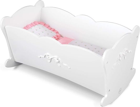 KidKraft Tiffany Bow Scalloped-Edge Wooden Lil Doll Rocking Cradle with Comforter, Pad and Pillow - White 3+
