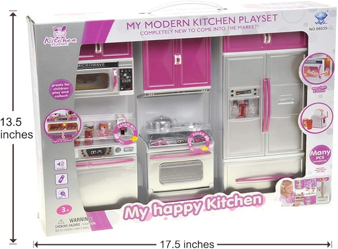 Doll Kitchen Playset, Mini Modern Kitchen Toys Pretend Play Furnitures Toy Sets Accessories Set with Realistic Light & Sound for Kids Toddlers Girls (3-in-1)