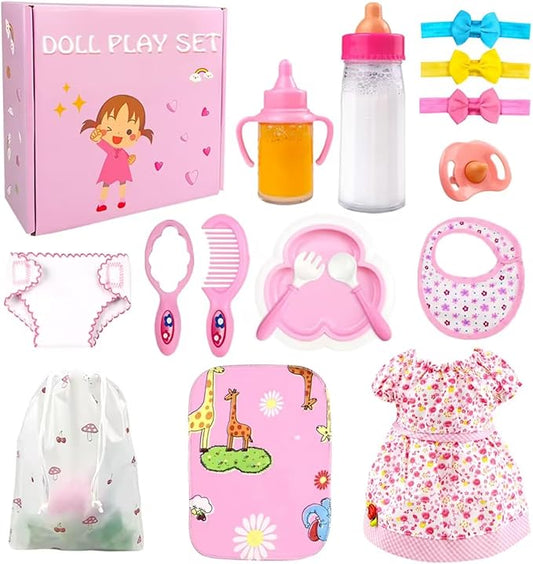 Baby Doll Accessories - Baby Doll Feeding and Caring Set with Bottles Doll Diaper and Changing Mat, Doll Stuff Doll Clothes fit 14-16 Inch Doll 18 Inch