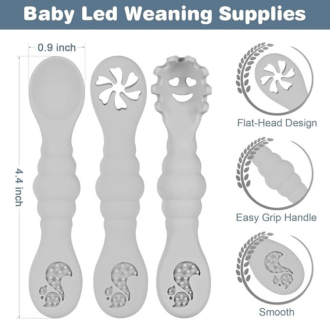 Silicone Baby Spoons Self Feeding 6+ Months 3PCS Toddler Forks and Spoons Utensils Baby Led Weaning Teething Spoon Infant Spoons First Stage Newborn Baby Essentials Baby Gifts BPA FREE Grey