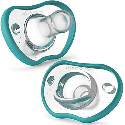Nanobebe Baby Pacifiers 0-3 Month - Orthodontic, Curves Comfortably with Face Contour 100% Silicone 2pk,Teal