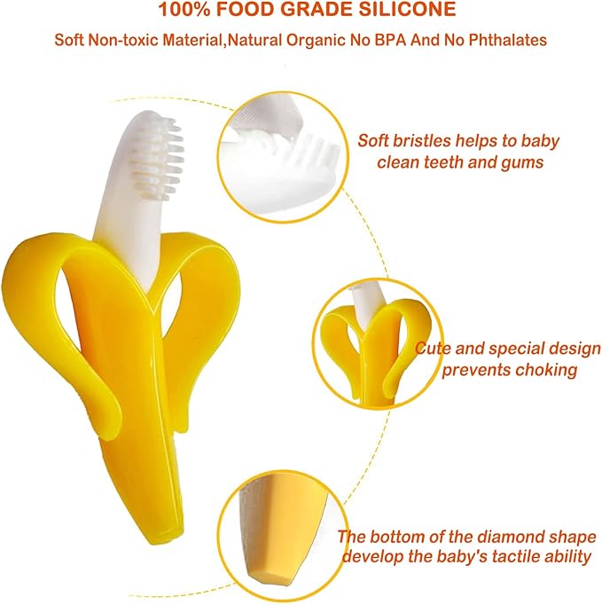 Banana Teether, Soothing Pain Relief Soft Silicone Train Baby Toothbrush 3+ Months