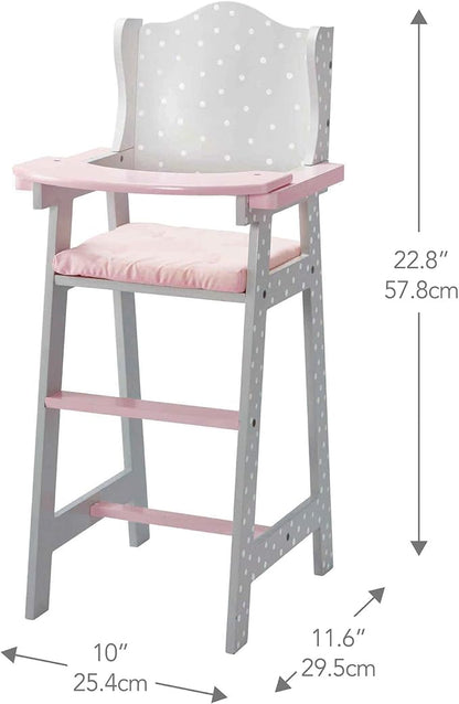 Olivia's Little World Doll High Chair for Baby Dolls, Wooden Doll Play Furniture with Pastel Polka Dot Princess Print & Fabric Seat for 16" to 18" Dolls