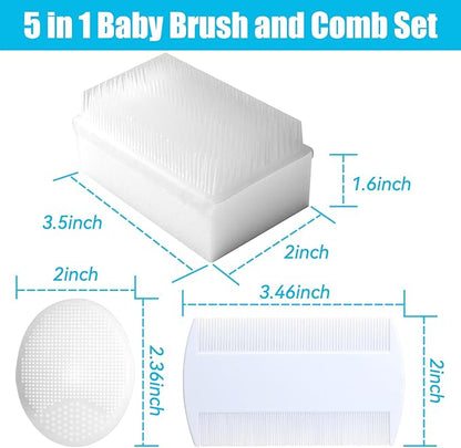 Cradle Cap Brush for Babies, 5Pcs Cradle Cap Treatment Set with Soft Bristle Brushes Silicone Scrubber Fine-Tooth Comb for Newborn Bathing Essentials Baby Brush and Comb Set (White)