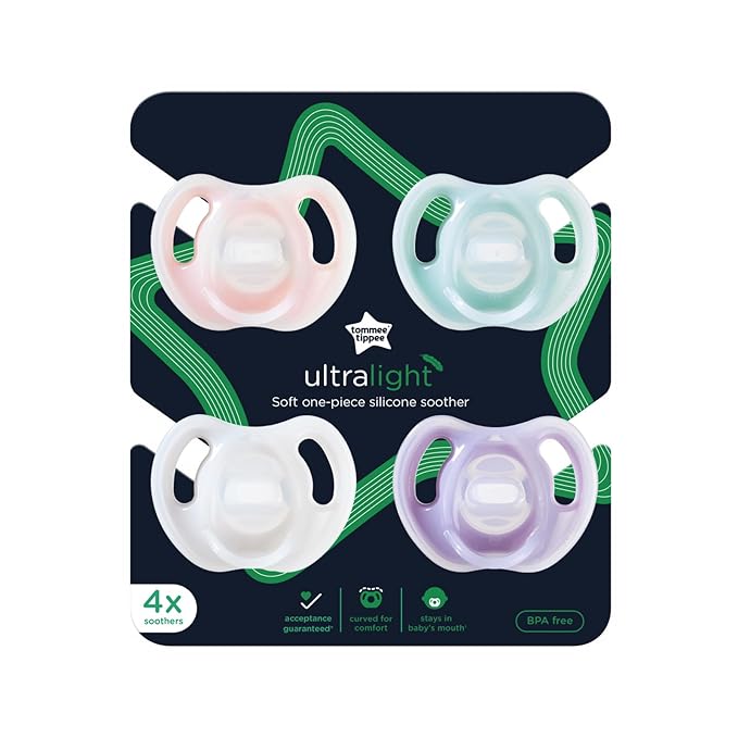 Tommee Tippee Ultra-light Silicone Pacifier, Symmetrical One-Piece Design 0-6 months, 4 Pacifiers