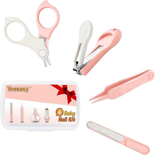 Baby Nail Clippers Kit Baby Grooming Set with Nail Clippers, Scissors, Nail File & Tweezers Baby Care Kit Fingernail Cutter for Baby,Newborn,Infant,Toddler,Kid(Pink)