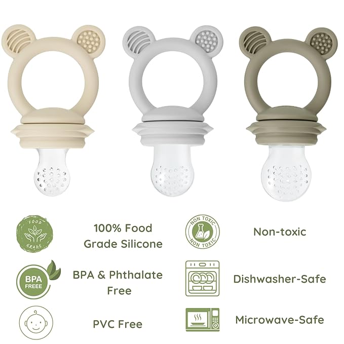 PandaEar 3 Pack Baby Fruit & Food Feeder Pacifier, Silicone Feeder Pacifier with 3 Sizes Pouches for Babies Toddlers Infants Kids