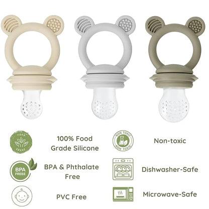PandaEar 3 Pack Baby Fruit & Food Feeder Pacifier, Silicone Feeder Pacifier with 3 Sizes Pouches for Babies Toddlers Infants Kids