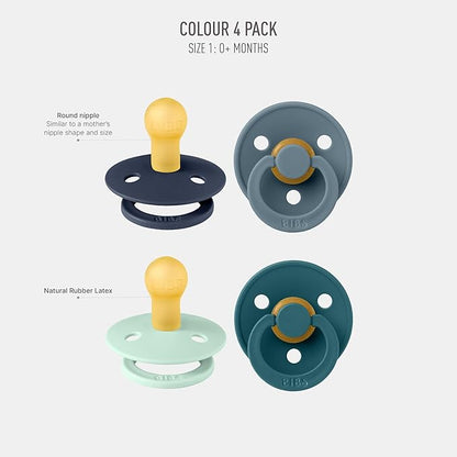 BIBS Pacifiers - Colour 4 Pack | Round Nipple Baby Pacifier 0-6 Months
