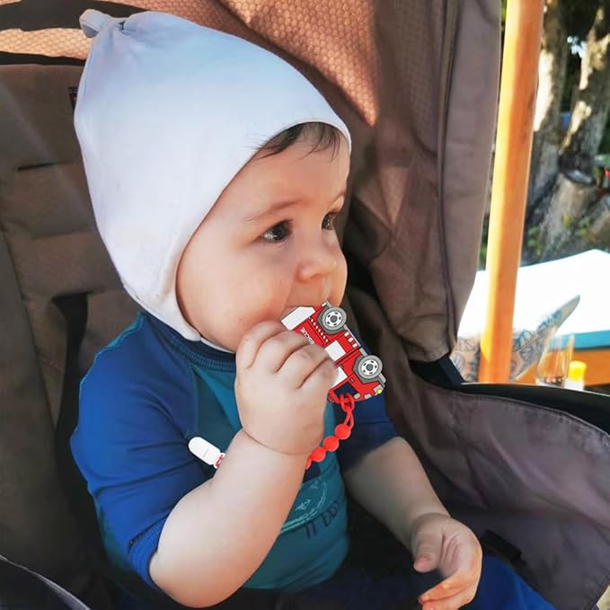 Baby Construction Vehicles Teething Toys,Food Grade Silicone Teether with One-Piece Pacifier Clip Holder 3 Months+