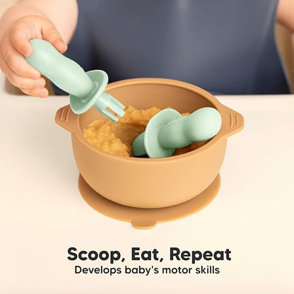 KeaBabies 4-Pack Silicone Baby Spoons and Forks Set - Baby Spoon Self Feeding, BLW Baby Utensils 6-12 Months, Baby Led Weaning Feeding Spoon,Teething Infant Baby First Food Training Pre Spoon (Mellow)