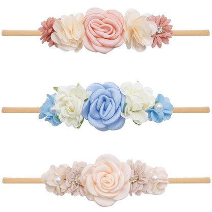 3pcs Baby Girl Hairband, Super Soft & Stretchy Nylon Floral Headbands - Set of 1 3 Multi-colored/patterns, 0-12, Hair