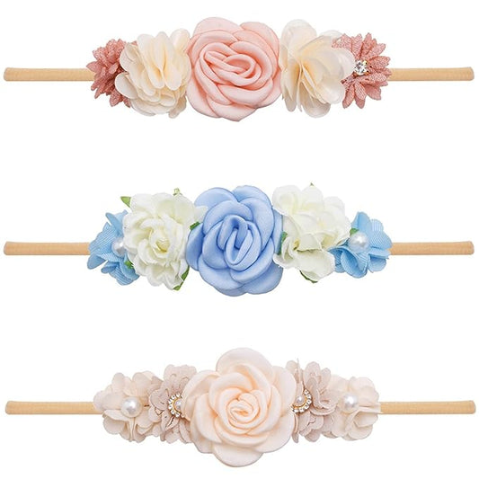 3pcs Baby Girl Hairband, Super Soft & Stretchy Nylon Floral Headbands - Set of 1 3 Multi-colored/patterns, 0-12, Hair