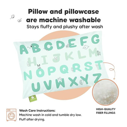 Toddler Pillow with Pillowcase - 13x18 My Little Dreamy Pillow, Organic Cotton Toddler Pillows for Sleeping, Kids Pillow, Travel Pillows, Mini Pillow, Nursery Pillow, Toddler Bed Pillow (KeaABC Mint)