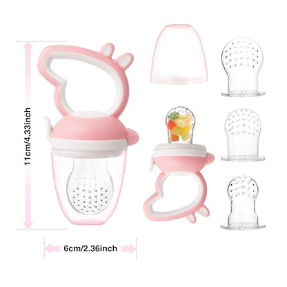 Baby Solids/Frozen Fruit Feeder Pacifier, Infant Teether Toy 4M+, BPA-Free Silicone Pouch & Nipple, Safely Introduce Solids, Teething Relief, 2-Pack (Piglet - Green Pink, S/M/L)