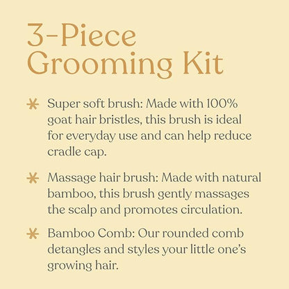 Natural Bamboo Hair Brush & Comb Set, 3 Piece - Cradle Cap Brush, Massage Hair Brush, Bamboo Comb for Toddlers, Newborns & Infants I Baby Registry Gift