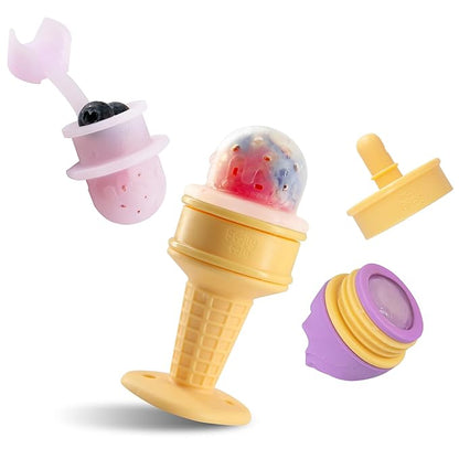 Smily Mia Baby Fruit Food Feeder & Freezer Teether Combo, Icy Bite Ice Cream Teether for Baby Cooling Relief 3 Month+,Purple