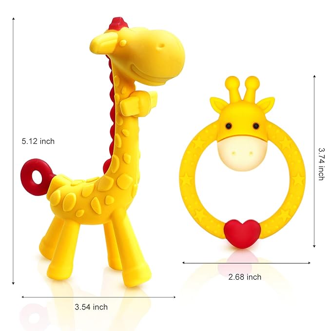 SHARE&CARE BPA Free Silicone Giraffe Baby Teether Toy with Storage Case, for 3 Months Above Infant Sore Gums Pain Relief and Baby Shower