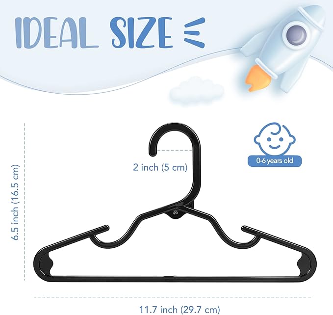HOUSE DAY Plastic Baby Hangers for Closet 60 Pack, Durable Plastic Kids Hangers for Baby Clothes, Thin & Compact Childrens Hangers, Space Saving Black Baby Hangers, Small Hangers for Kids Clothes