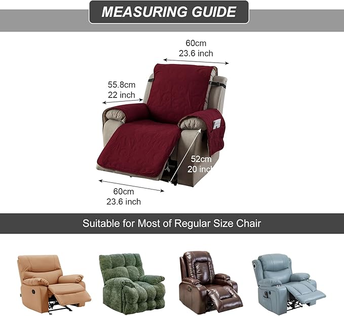 100% Waterproof Recliner Chair Cover, Recliner Chair Covers for Reclining Chair, Non-Slip Fabric Recliner Couch Cover for Living Room, for Pets Kids Protector, Washable (Wine Red, 23"Recliner Chair)