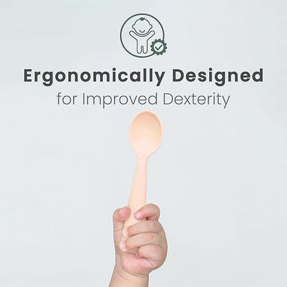 Miniware Silicone Baby Spoon for Training - BPA Free Baby Utensils - Baby Spoons Self Feeding 6 Months | 100% Food Grade Silicone - Modern & Dishwasher Safe Toddler Spoons (Grey and Peach)