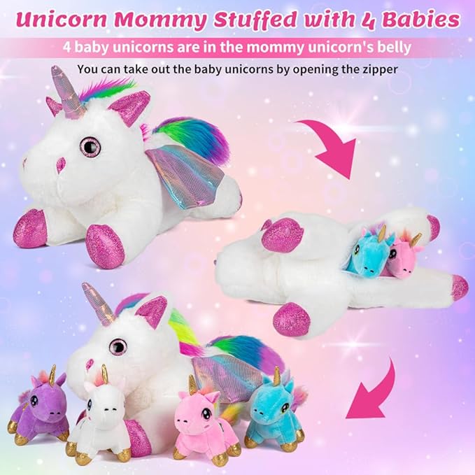 HONGTEYA Unicorn Stuffed Animals Toys, Unicorn Mommy Stuffed Animal with 4 Baby Unicorns in Her Tummy 3 4 5 6 7 8