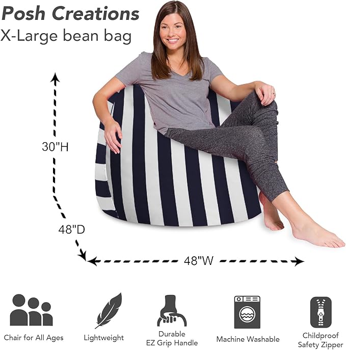 Posh Beanbags Bean Bag Chair, X-Large-48in, Canvas Stripes Blue and White