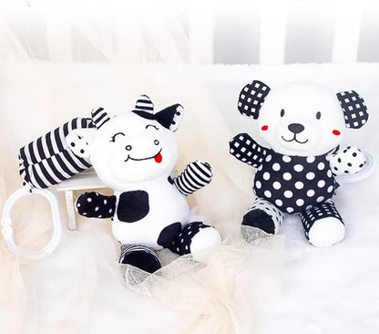 Baby Car Seat Toys, Black White Stroller Toy Stretch Baby Spiral Plush Toys, Hanging Rattle Toys for Crib Mobile, Newborn Sensory Toy Best Gift for 0 3 6 9 12 Months (Calf/Panda)