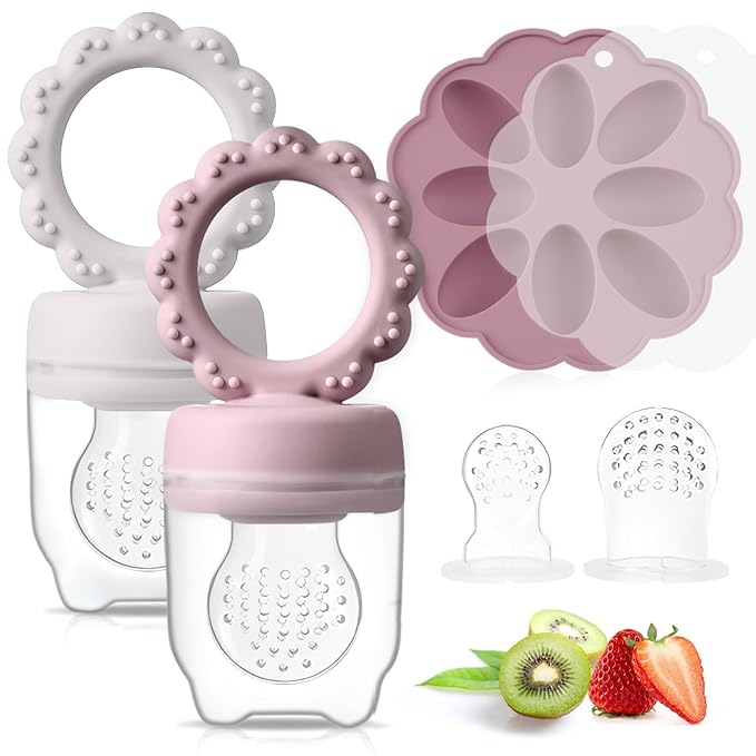 Baby Fruit Feeder with Mini Freezer Tray, 2 Pack Silicone Baby Food Feeder for Batch Prep 2 Extra