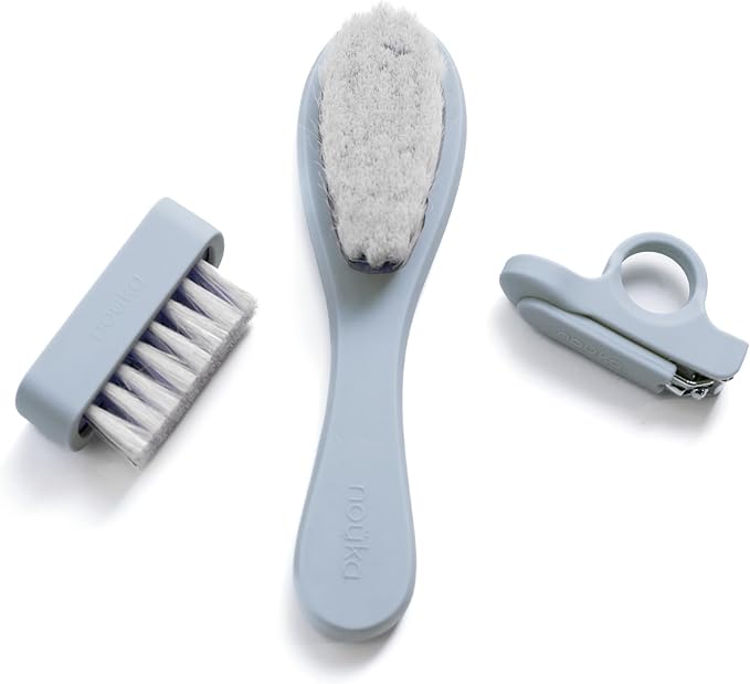 nouka Baby Care Kit Set | Ultra-Soft Natural Bristle Hair Brush, Nail Clippers & Nail Brush | Wood with Silicone Sleeve | Lily Blue