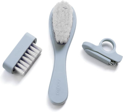 nouka Baby Care Kit Set | Ultra-Soft Natural Bristle Hair Brush, Nail Clippers & Nail Brush | Wood with Silicone Sleeve | Lily Blue