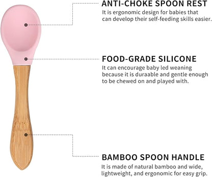 Toddler Bamboo Plates, Bowls and Spoon Set, Wooden Feeding Utensils for Infant’s Easy Self Eating at 1 Stage, Stay Put Silicone Suction Plate and Bowl and Soup Spoon for Baby Led Weaning