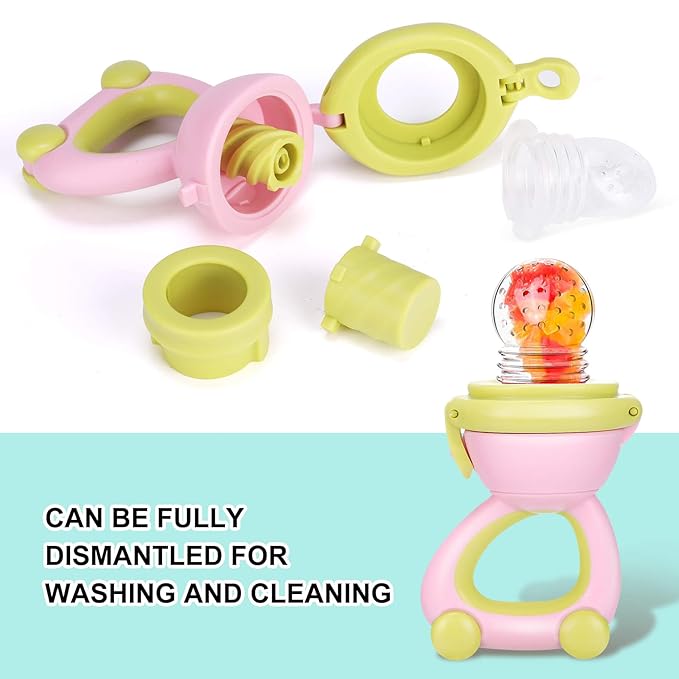 Baby Fruit Food Feeder Pacifier - Fresh Fruit Teething Toy 6M+, BPA Free Safely Introduce Solids Teething Relief Toy Includes Add Silicone Sacs 2-Pack (Green)