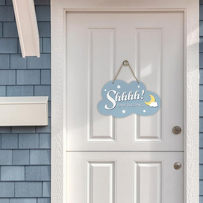 Shhhh Baby Sleeping Front Door Sign, Blue Cloud Wood Door Hanger Outdoor Outside Porch Nursery Decor
