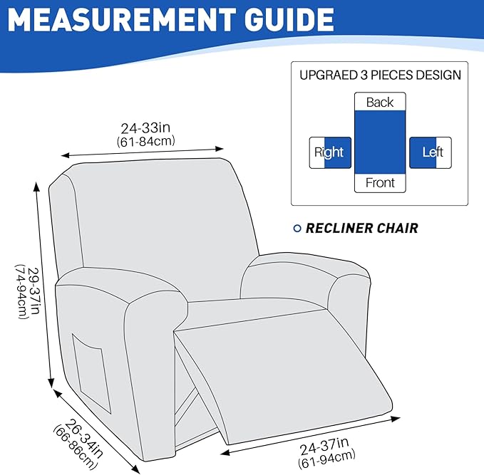 MAXIJIN Waterproof Recliner Chair Covers 3 Pieces Recliner Cover That Stay in Place, Washable Lazy Boy Recliner Slipcovers with Pockets Reclining Protector for Pet, Kids (Recliner, Khaki)