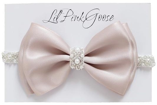 0-12 Newborn Baby Baptism Pearl Headband with Bow in WHITE Christening Headband with Satin Bow, Pearl Rhinestone Band (Champagne(3-6Months) 3-6Months)