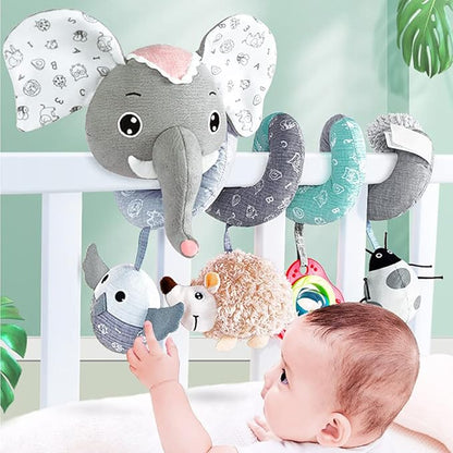 Baby Car Seat Toys, Hanging Stroller Toys for Baby 0-6 Months Infants Activity Spiral Toys with Musical Owl Rattles Hedgehog Beep Ladybug Squeaker - Gray Elephant Toys for Newborn Baby 0 3 6 12 Months