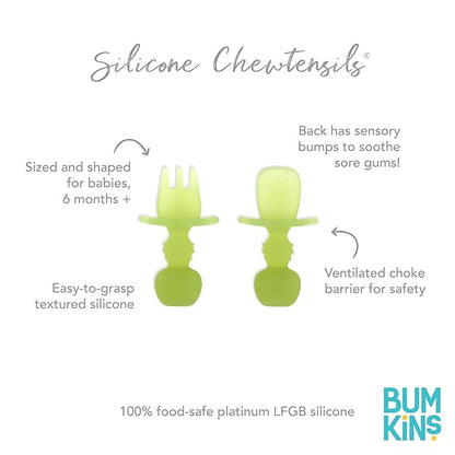 Bumkins Baby Utensils Set, Chewtensils Silicone Spoons for Dipping, Self-Feeding, Baby Led Weaning, Trainer Learning, First Stage Eating, Soft Practice Fork and Spoon, Babies 6 Months, Green Jelly