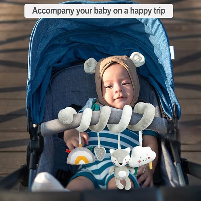 Baby Car Seat Toys, Activity Spiral Plush Hanging Wrap Around Pram Pushchair Stroller Toys, Sensory Early Education Toy for Toddler, Grey Fox