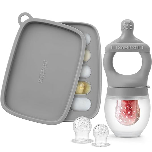 SAMiGO Baby Food Fruit Feeder and Breastmilk Popsicle Mold Set, Silicone Fruit Teether 4 Months+